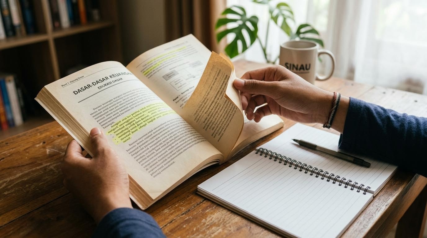 Tangan membalik halaman buku teks keuangan