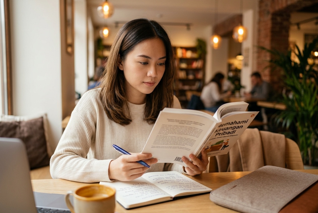 Seseorang membaca buku keuangan di kafe dengan catatan di samping